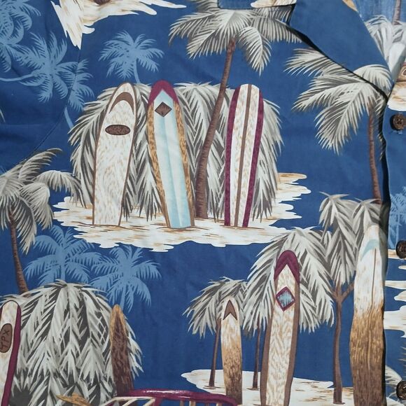 RJC Men 2XL Navy Hawaiian V Neck Button Up Short Sleeve Shirt Surfboard Resort - Picture 4 of 8